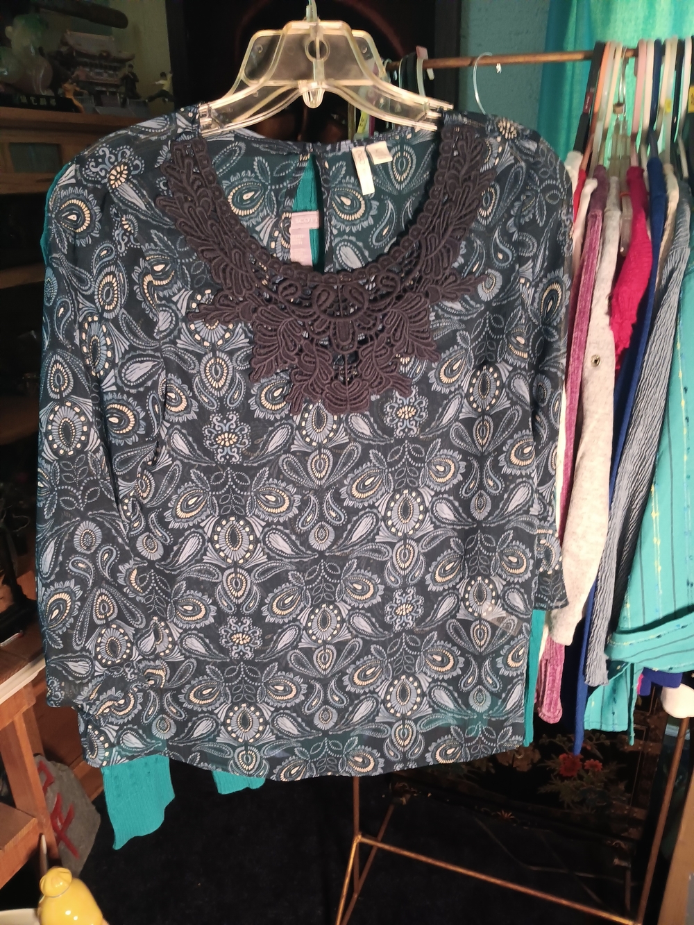Cato Teal Paisley Blouse with Lace Collar